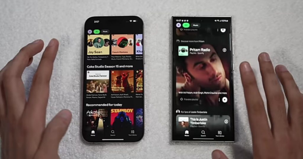 Spotify view on both iPhone 16 Pro Max and Samsung galaxy s24 ultra